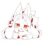  1girl animal_ears chin_rest furry kishibe long_hair looking_at_viewer lying monochrome naughty_face nude on_stomach original red_eyes rope sketch smile solo spot_color very_long_hair white_hair wolf_ears 