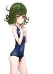  1girl ass blush flat_ass flat_chest frown green_eyes green_hair hakui_(b600723) hands_on_own_chest highres navel one-piece_swimsuit one-punch_man raised_eyebrow school_swimsuit short_hair skinny solo swimsuit tatsumaki translated 