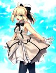  :d ahoge armpits black_legwear blonde_hair blue_eyes breasts cleavage dress fate/grand_order fate/stay_night fate/unlimited_codes fate_(series) gloves open_mouth ponytail saber saber_lily sen_(77nuvola) short_hair smile 