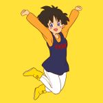  1girl arms_up artist_request black_hair blue_eyes blush_stickers boots clenched_hands dragon_ball dragon_ball_z jumping lowres open_mouth short_hair simple_background smile solo tagme videl yellow_background 