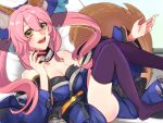 1girl animal_ears blue_legwear bow breasts caster_(fate/extra) cleavage detached_sleeves fate/extra fate/grand_order fate_(series) fox_ears fox_tail hair_bow hair_ribbon japanese_clothes large_breasts long_hair looking_at_viewer open_mouth pink_hair ribbon solo tail yellow_eyes 