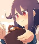  1girl black_hair blush bowl chopsticks eating face food food_on_face hair_flaps harunagi kantai_collection long_hair long_sleeves low_twintails red_eyes rice rice_on_face smile solo taigei_(kantai_collection) twintails 