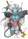  1girl breasts breath_of_fire breath_of_fire_ii covered_nipples facial_mark furry gloves long_hair no_panties no_pants pointy_ears rinpoo_chuan solo staff tail white_background wings 