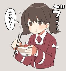  1girl chopsticks eating ishihara_saika japanese_clothes kantai_collection kariginu long_sleeves magatama onmyouji ryuujou_(kantai_collection) shirt simple_background solo tagme translated twintails upper_body white_shirt 