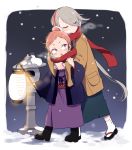  2boys 50yen boots child closed_eyes coat earmuffs earrings haori hug hug_from_behind ima-no-tsurugi iwatooshi japanese_clothes jewelry kimono lantern male_focus multiple_boys orange_eyes orange_hair paper_lantern sandals scarf silver_hair snowing tabi touken_ranbu younger 