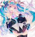  1girl blue_eyes blue_hair butterfly detached_sleeves hatou_midori hatsune_miku head_wreath long_hair necktie open_mouth skirt solo thigh-highs twintails very_long_hair vocaloid 
