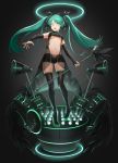  1girl banajune boots bridal_gauntlets green_eyes green_hair halo hatsune_miku highres long_hair microphone microphone_stand navel open_mouth pigeon-toed see-through short_shorts shorts solo speaker thigh-highs thigh_boots twintails very_long_hair vocaloid 
