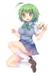  1girl :d @_@ ahoge bangs bare_legs blue_sky blunt_bangs blush bow bowtie breasts brown_shoes copyright_request crazy_eyes eyebrows eyebrows_visible_through_hair full_body green_bow green_bowtie green_eyes green_hair kneehighs large_breasts loafers looking_at_viewer open_mouth renoa_yu shirt shoes short_hair short_sleeves sky smile soda_can solo tareme thighs white_legwear white_shirt 