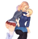  2girls absurdres ass black_legwear blonde_hair blue_eyes blush covering_mouth darjeeling girls_und_panzer hand_over_own_mouth highres kay_(girls_und_panzer) multiple_girls pantyhose short_hair skirt thighs wawawa_(hisuterisisusa) white_background white_legwear yuri 