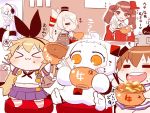  &gt;_&lt; :3 amatsukaze_(kantai_collection) anchor_symbol arms_up blonde_hair blush_stickers bowl braid brown_eyes brown_hair chibi chopsticks closed_eyes commentary_request detached_sleeves eating empty enemy_aircraft_(kantai_collection) food food_on_face glasses gyuudon hair_tubes hat headgear headphones heart horns japanese_clothes kantai_collection kariginu long_hair magatama midriff miniskirt mittens northern_ocean_hime open_mouth orange_eyes rensouhou-chan rensouhou-kun rice rice_bowl rice_on_face ryuujou_(kantai_collection) sako_(bosscoffee) school_uniform serafuku shimakaze_(kantai_collection) short_hair sitting skirt smile sparkle spoken_heart supply_depot_hime thigh-highs top_hat translation_request twintails visor_cap white_hair white_skin x3 yukikaze_(kantai_collection) 