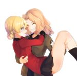  2girls absurdres arm_around_back arms_around_neck blonde_hair blue_eyes blush bomber_jacket boots carrying darjeeling girls_und_panzer highres jacket kay_(girls_und_panzer) multiple_girls princess_carry short_hair skirt smile thighs wawawa_(hisuterisisusa) yuri 