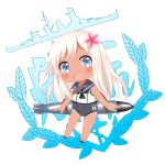  1girl blonde_hair blue_eyes chibi crop_top crys_(dai) flower hair_flower hair_ornament highres kantai_collection long_hair one-piece_tan ro-500_(kantai_collection) sailor_collar school_swimsuit swimsuit swimsuit_under_clothes tan tanline torpedo 
