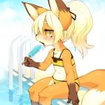  1girl animal_ears bikini blonde_hair eating feet_in_water fox_ears furry kishibe licking long_hair open_mouth original ponytail pool poolside popsicle ribbon sitting soaking_feet solo swimsuit tail tongue tongue_out water yellow_eyes 