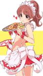  1girl alternate_costume apron blush brown_eyes brown_hair character_name doughnut eating enmaided female food idolmaster idolmaster_cinderella_girls long_hair maid maid_apron maid_headdress midriff ponytail shiina_noriko smile solo tanuki_ss tray 