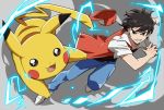  1boy :3 :d baseball_cap belt black_hair denim electricity hat hat_removed headwear_removed holding holding_poke_ball jeans koitsu_(blue) looking_at_viewer male open_mouth pants pikachu pointy_ears poke_ball pokemon pokemon_(creature) red_(pokemon) short_hair short_sleeves smile tail 