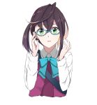  1girl absurdres blouse blue-framed_glasses dress glasses green_eyes highres kantai_collection long_sleeves looking_at_viewer morinaga_(harumori) multicolored_hair okinami_(kantai_collection) open_mouth ribbon short_hair simple_background solo white_blouse 