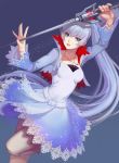  blue_eyes blush long_hair ponytail rwby smile sword warrior weiss_schnee white_hair 