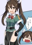  &gt;_&lt; 1girl black_legwear blush bow bowtie brown_eyes brown_hair closed_eyes elbow_gloves face gloves hair_ribbon hand_on_hip kantai_collection long_hair nissei open_mouth pelvic_curtain ribbon side_slit single_elbow_glove solo tears tone_(kantai_collection) translation_request twintails 