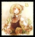  1girl ascot blonde_hair border bow commentary flower frills haiki_(hakkyoii06) hair_bow happy muted_color red_eyes rumia smile solo spring_(season) touhou upper_body 