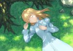  1girl ahoge blonde_hair fate/stay_night fate_(series) fateline_alpha grass highres long_hair lying on_back rock roots saber sleeping smile solo tree_shade 