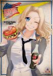  1girl ;d american_flag blonde_hair blue_eyes blush breasts coca-cola dated english food girls_und_panzer glass_bottle hamburger highres kay_(girls_und_panzer) keiazu lettuce nail_polish necktie one_eye_closed open_mouth pickle smile teeth tomato winking 