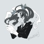  1girl ahoge alternate_costume bow cigarette formal glasses gloves hair_bow harunagi kagerou_(kantai_collection) kantai_collection long_sleeves monochrome necktie smoke solo suit twintails twitter_username upper_body 
