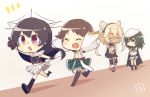  4girls arms_up bandaged_leg belt black_eyes black_hair black_legwear blush bow brown_gloves brown_hair cape chibi choukai_(kantai_collection) closed_eyes crossed_arms detached_sleeves glasses gloves hair_flaps hair_ornament hairband harunagi hat headgear hiei_(kantai_collection) kantai_collection kiso_(kantai_collection) kneehighs leaning_back long_hair midriff multiple_girls musashi_(kantai_collection) neckerchief nontraditional_miko open_mouth outstretched_arms pleated_skirt pointing red_eyes rimless_glasses running sailor_collar sailor_hat school_uniform serafuku short_hair short_sleeves silver_hair skirt sleeveless socks standing trembling twintails wide_sleeves 