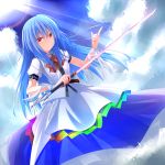  1girl absurdres blue_dress blue_hair bow bowtie clouds cloudy_sky dress dress_shirt frills hat hat_removed headwear_removed highres hinanawi_tenshi long_hair looking_at_viewer mujina_tanuki puffy_short_sleeves puffy_sleeves rainbow_gradient rainbow_order red_bow red_eyes shirt short_sleeves sky smile solo sunlight sword_of_hisou touhou white_shirt 