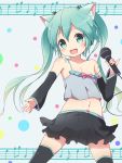  1girl animal_ears cat_ears detached_sleeves flat_chest green_eyes green_hair hatsune_miku long_hair microphone midriff musical_note navel nekono_rin open_mouth pinky_out skirt solo thigh-highs twintails very_long_hair vocaloid 