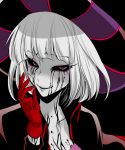  1girl black_background black_sclera blood bloody_tears breasts cape claude_frollo cleavage disney evil_smile eyeliner female genderswap gloves grey_eyes hat makeup marimo_(yousei_ranbu) one_man&#039;s_dream_ii red_gloves short_hair silver_hair smile solo the_hunchback_of_notre_dame 