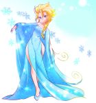  1girl bare_shoulders blonde_hair blue_dress blue_eyes blue_shoes braid crossed_legs detached_sleeves dress elsa_(frozen) frozen_(disney) hair_over_shoulder light_smile long_hair marimo_(yousei_ranbu) outstretched_arm shoes side_slit single_braid small_breasts snowflakes solo standing wide_hips wide_sleeves 