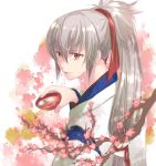  1boy alcohol artist_name cherry_blossoms fire_emblem fire_emblem_if grey_hair kizuki_miki long_hair petals ponytail red_eyes sake solo takumi_(fire_emblem_if) 