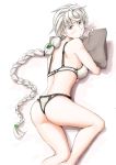  1girl alternate_costume ass asymmetrical_hair bare_shoulders barefoot bikini blush braid embarrassed from_behind highres kantai_collection long_hair looking_at_viewer lying midriff object_hug on_stomach pillow pillow_hug silver_hair single_braid solo swimsuit thighs unryuu_(kantai_collection) vent_arbre very_long_hair white_bikini white_swimsuit yellow_eyes 