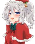  1girl bell blue_eyes blush bow bowtie capelet hair_ornament hat jingle_bell kantai_collection kashima_(kantai_collection) open_mouth r-king santa_costume santa_hat silver_hair solo twintails wavy_hair white_background 