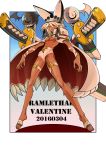  1girl 9-me barefoot beltbra blush breasts character_name cloak creature dark_skin dated expressionless full_body guilty_gear guilty_gear_xrd hat high_collar huge_weapon long_legs orange_eyes ramlethal_valentine short_shorts shorts solo sword thigh_strap toes under_boob weapon 