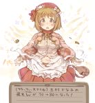  1girl 7010 :o bag blush breasts brown_eyes brown_hair cleavage flower hair_flower hair_ornament idolmaster idolmaster_cinderella_girls large_breasts long_sleeves looking_at_viewer mimura_kanako navel open_mouth popped_button satchel short_hair skirt solo torn_clothes translated 