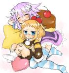  2girls blonde_hair blush cherry d-pad food fruit hair_ornament hekikuu_(kanaderuyume) multiple_girls neptune_(choujigen_game_neptune) neptune_(series) pillow pish plaster pudding purple_hair short_hair sketch 