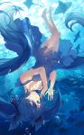  1girl aqua_eyes aqua_hair baisi_shaonian barefoot bubble dress hatsune_miku highres jewelry long_hair looking_at_viewer necklace shinkai_shoujo_(vocaloid) smile solo submerged twintails underwear upside-down very_long_hair vocaloid 