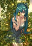  1girl alternate_costume bangs bare_shoulders blue_eyes blue_hair blurry closed_eyes closed_mouth dappled_sunlight depth_of_field dress frills from_above gradient hair_ornament hatsune_miku holding holding_leaf jacky5493 leaf long_hair looking_at_viewer number one_eye_covered palm_tree plant see-through shade sitting sleeveless sleeveless_dress smile solo strap_slip sunlight tree twintails very_long_hair vocaloid 