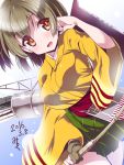  1girl 2016 :d arrow blush bow_(weapon) breasts brown_eyes brown_gloves cowboy_shot dated eyebrows eyebrows_visible_through_hair flight_deck glint gloves green_hair hakama_skirt hand_in_hair hand_up hiryuu_(kantai_collection) holding_weapon japanese_clothes kantai_collection kimono large_breasts long_sleeves looking_at_viewer miuku_(marine_sapphire) nontraditional_miko open_mouth partly_fingerless_gloves pleated_skirt quiver short_hair skirt smile solo tareme thigh_gap thighs walking weapon wide_sleeves 
