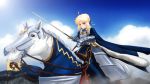  1girl ahoge armor blonde_hair bridle cape fate/stay_night fate_(series) fur-trimmed_cape genya_(genya67) highres horse saber solo sword weapon white_horse 