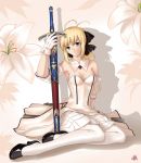  1girl ahoge akatsuki_(mp31097 arm_support black_bow blonde_hair bow breasts caliburn cleavage detached_collar detached_sleeves dress fate/stay_night fate_(series) flower green_eyes hair_bow high_heels lily_(flower) saber saber_lily scabbard shadow sheath shoes solo sword weapon 