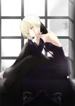  1girl blonde_hair breasts dress elbow_gloves fate/grand_order fate/stay_night fate_(series) fuu_(fuore) gloves highres leaning_over looking_at_viewer pale_skin saber saber_alter sideboob solo tree window yellow_eyes 