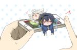  2boys ^_^ blue_hair cellphone chibi closed_eyes hands japanese_clothes jida kogitsunemaru male_focus mikazuki_munechika miniboy multiple_boys open_mouth phone polka_dot polka_dot_background smartphone smile solo_focus touken_ranbu translation_request white_hair 