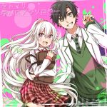  1boy 1girl bag black_hair green_eyes highres kagerou_project kozakura_mary long_hair momomochi necktie school_uniform seto_kousuke short_hair silver_hair violet_eyes 