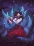  1girl ahri animal_ears black_hair facial_mark flute fox_ears fox_tail full_body grass highres instrument league_of_legends long_hair long_sleeves looking_at_viewer multiple_tails npye13 outdoors petals playing_instrument solo tail whisker_markings wind yellow_eyes 