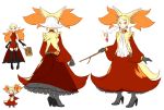  1girl bangs delphox earrings fire gloves hat heart high_heels holding jewelry konna-nani looking_at_viewer multicolored_hair orange_eyes personification pokemon sidelocks simple_background skirt smile solo stick tail white_background 