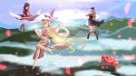  4girls above_cloud floating flower gensoukyou highres lily_white lunasa_prismriver lyrica_prismriver merlin_prismriver multiple_girls petals side_slit touhou yue_ling_yu 