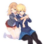  2girls blonde_hair blue_eyes darjeeling girls_und_panzer green_eyes highres hug hug_from_behind kay_(girls_und_panzer) multiple_girls necktie one_eye_closed pantyhose skirt sweater thigh-highs thigh_gap wawawa_(hisuterisisusa) white_background white_legwear yuri zettai_ryouiki 