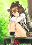  1girl ankle_boots artist_name backpack bag bare_legs bare_shoulders binoculars black_legwear blush boots brown_eyes brown_hair bush closed_mouth crossed_arms desk grey_boots head_tilt headgear highres kantai_collection kneehighs knees_up long_sleeves looking_at_viewer machinery outdoors plant school_uniform serafuku shirt short_hair smile solo sonjow4 table tareme thighs tree under_tree white_shirt wooden_table yukikaze_(kantai_collection) 